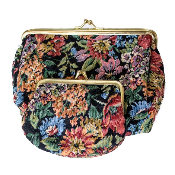 Vintage Floral Tapestry Purse + Makeup Bag w/ Mirror Set 1950s Retro - Picture 1 of 8